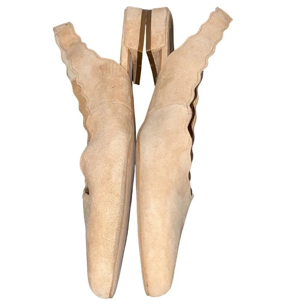 Anthropologie Beige Suede Scalloped Slingback Flats Womens Size 37 neutral